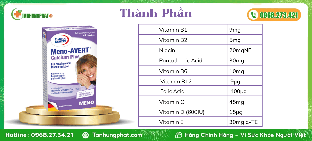Thành Phần EuRho Vital Meno Avert Calcium Plus Đức